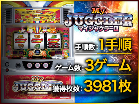 【マイジャグラー3】手順数:1手順/ゲーム数:3ゲーム/獲得枚数:3981枚