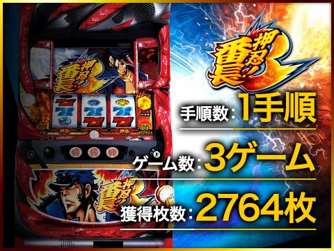 【押忍!番長3】手順数:1手順/ゲーム数:3ゲーム/獲得枚数:2764枚