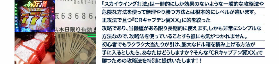 『スカイウイング打法』は一時的にしか効果のないような一般的な攻略法や危険な方法を使って無理やり勝つ方法とは根本的にレベルが違います。正攻法で且つ『CRキャプテン翼XX』に的を絞った攻略であり、『CRキャプテン翼XX』がある限り長期的に使えます。しかも非常にシンプルな方法なので、攻略法を使っていることすら誰にも気がつかれません。初心者でもラクラク大当たりが引け、膨大なドル箱を積み上げる方法が手に入るとしたら、あなたはどうしますか?そんな「CRキャプテン翼XX」で勝つための攻略法を特別に提供いたします!
