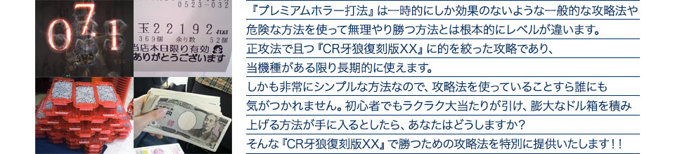 『プレミアムホラー打法』は一時的にしか効果のないような一般的な攻略法や危険な方法を使って無理やり勝つ方法とは根本的にレベルが違います。正攻法で且つ『CR牙狼復刻版XX』に的を絞った攻略であり、『CR牙狼復刻版XX』がある限り長期的に使えます。しかも非常にシンプルな方法なので、攻略法を使っていることすら誰にも気がつかれません。初心者でもラクラク大当たりが引け、膨大なドル箱を積み上げる方法が手に入るとしたら、あなたはどうしますか?そんな「CR牙狼復刻版XX」で勝つための攻略法を特別に提供いたします!