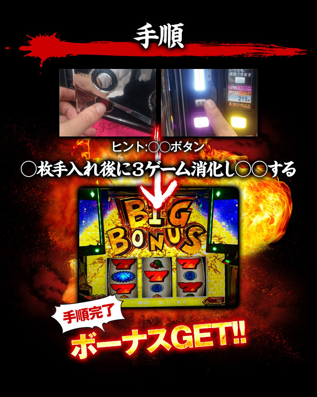 【手順】○枚手入れ後に3ゲーム消化し○○する→手順完了!ボーナスGET