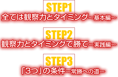 【STEP1】全ては観察力とタイミング~基本編~ 【STEP2】観察力とタイミングで勝て~実践編~ 【STEP3】「3つ」の条件~常勝への道~