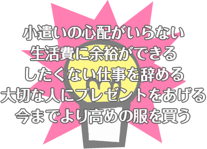 小遣いの心配がいらない 生活費に余裕ができる したくない仕事を辞める 大切な人にプレゼントをあげる 今までより高めの服を買う