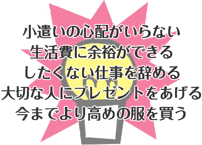 小遣いの心配がいらない 生活費に余裕ができる したくない仕事を辞める 大切な人にプレゼントをあげる 今までより高めの服を買う