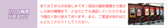 【どんな機種があるの?】来てみてからのお楽しみです♪現役の最新機種から懐かしのあの機種まで、どなたにでも満足していただけるよう幅広く取り揃えております。また、ご要望があればどんどんリクエストしてください。
