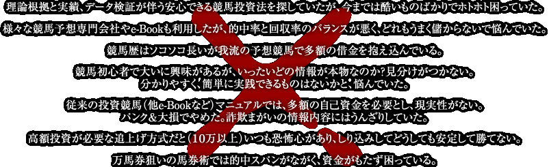 理論根拠と実績、データ検証が伴う安心できる競馬投資法を探していたが、今までは酷いものばかりでホトホト困っていた。・様々な競馬予想専門会社やe-Bookも利用したが、的中率と回収率のバランスが悪く、どれもうまく儲からないで悩んでいた。・競馬歴はソコソコ長いが我流の予想競馬で多額の借金を抱え込んでいる。・競馬初心者で大いに興味があるが、いったいどの情報が本物なのか?見分けがつかない。分かりやすく、簡単に実践できるものはないかと、悩んでいた。・従来の投資競馬(他e-Bookなど)マニュアルでは、多額の自己資金を必要とし、現実性がない。パンク&大損でやめた。詐欺まがいの情報内容にはうんざりしていた。高額投資が必要な追上げ方式だと(10万以上)いつも恐怖心があり、しり込みしてどうしても安定して勝てない。・万馬券狙いの馬券術では的中スパンがながく、資金がもたず困っている。