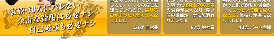 家族・知人にバレない/余計な費用は必要ナシ/自己破産も必要ナシ